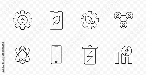 Energy and eco technology set icon. Gear, leaf, mobile, network, battery, atom, chart, and lightning visuals indicate themes of sustainability, connectivity, and innovation