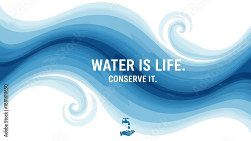 Water conservation concept with ocean waves and faucet save water is life message