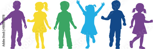 Colorful children silhouettes running and jumping together, happy kids play concept, childhood joy diversity isolated white background illustration