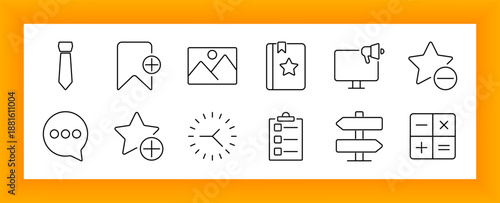 Business elements set icon. Necktie, bookmark, image, book, billboard, star, comment, clock, checklist, signpost, and calculator icons linked to work, branding, and planning.