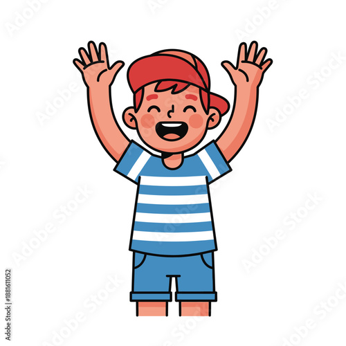Happy Boy in Striped Shirt and Cap Waving Hands, Cheerful Childhood Fun