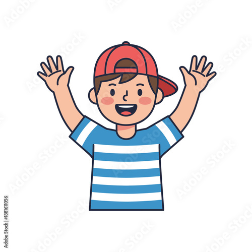 Happy Boy Waving Hands Wearing Red Cap and Striped Shirt