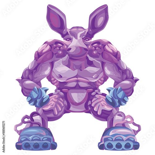 A cyborg with a human body and an animal head. A muscular warrior in robotic armor. Front view. An abstract character with a bull or moose head. Vector