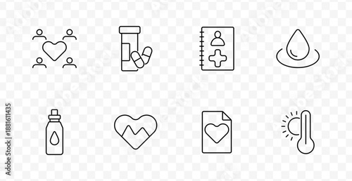 Healthcare set icon. People heart, pill bottle, profile notebook, water drop, baby bottle, cardiogram heart, document heart, thermometer outlined on transparent grid.