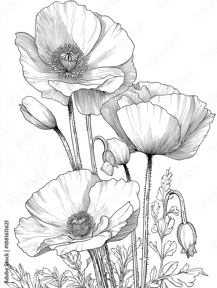 Fototapeta premium Hand drawn poppy flowers in a vintage black vector floral illustration with leaves and natural botanical details