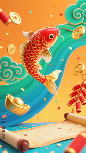 3D Rendered Festive Chinese New Year Scene with Two Koi Fish, Auspicious Clouds, Gold Ingots, Firecrackers and Scroll, Symbolizing Wealth and Good Fortune