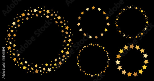 Star frames collection. Set of round borders made of golden stars. Glowing festive rims