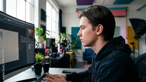 Wallpaper Mural Focused Young Graphic Designer Working on Professional Photo Editing Software in a Modern Creative Home Office Studio Workspace Torontodigital.ca