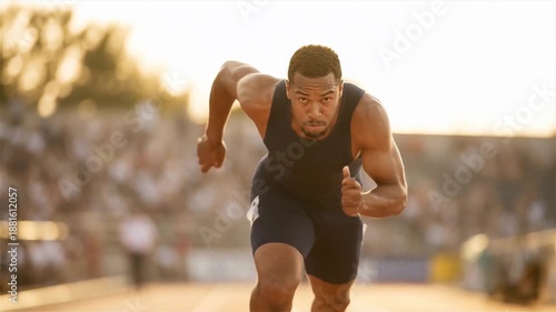 Wallpaper Mural Powerful Muscular Male Sprinter Bursting from Starting Blocks on Track at Sunset; Athletic Performance and Determination Torontodigital.ca