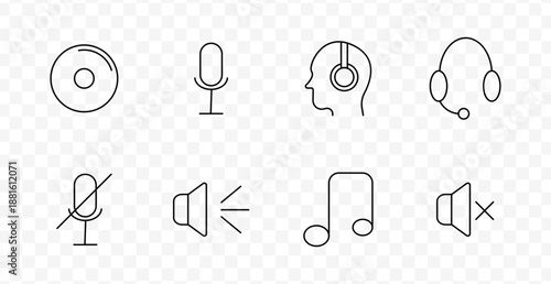 Audio set icon. CD, microphone, head with headset, support headset, muted mic, speaker with waves, music note, muted speaker, all in minimal sound-themed outlines.