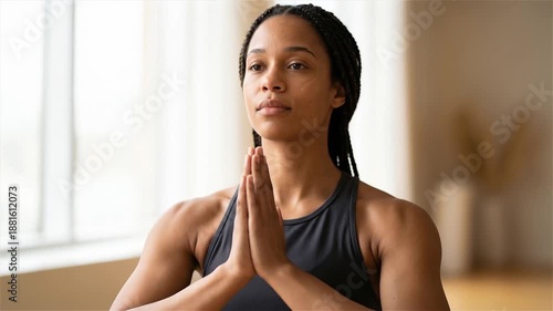Wallpaper Mural Serene Black Woman with Braided Hair Practicing Yoga and Meditation with Hands in Prayer Position, Mindfulness and Wellness in Bright Minimalist Home Studio Torontodigital.ca