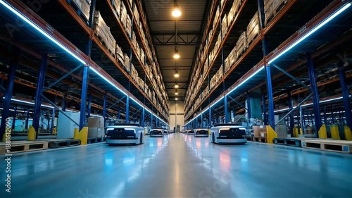 Wallpaper Mural Automated Guided Vehicles (AGVs) Moving Through a High-Tech Industrial Warehouse Aisle for Efficient Logistics and Distribution Torontodigital.ca