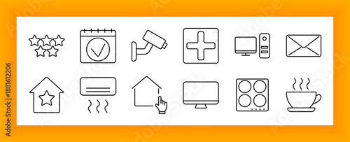 Smart home and electronics set icon. Stars, calendar, camera, desktop, envelope, message bubble, cooktop, monitor, heater, pointer, and coffee cup drawn in clean outline form.