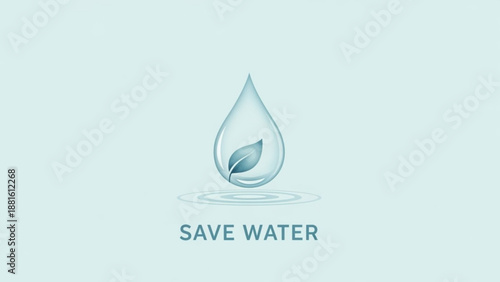 Save water concept with leaf inside waterdrop on light blue background for ecology and conservation