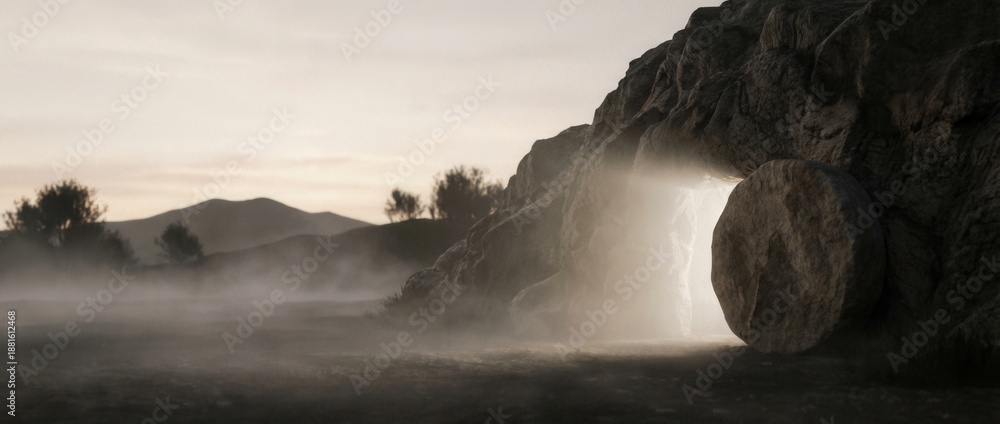 Fototapeta premium The stone rolled away from the empty tomb of Jesus Christ on Easter morning.