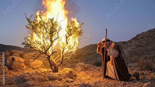 Biblical Prophet Moses Kneeling in Awe before Burning Bush Miracle on Holy Ground in Desert Mountain Depicting Call of God in Exodus Story