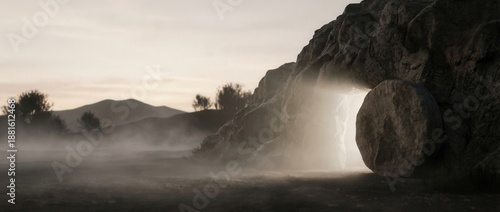 The stone rolled away from the empty tomb of Jesus Christ on Easter morning.