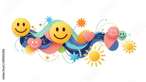 Colorful smiley faces and hearts with swirly patterns and sun symbols on white background conveying happiness and joy