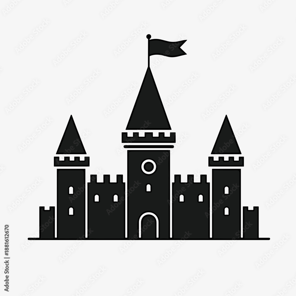 Obraz premium Black silhouette of a castle with flags on top of towers, symbolizing medieval architecture and fairy tales, useful for concepts in storytelling or children's themes.