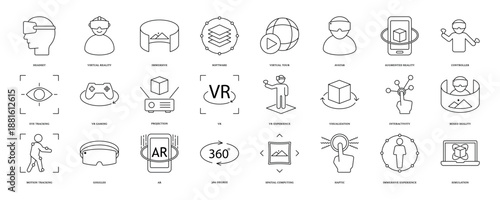 Virtual reality icon set. Containing VR, augmented reality, headset, immersive, mixed reality, AR, VR experience, mixed reality and more. Solid vector icons collection, eps 10.