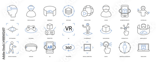 Virtual reality icon set. Containing VR, augmented reality, headset, immersive, mixed reality, AR, VR experience, mixed reality and more. Solid vector icons collection, eps 10.