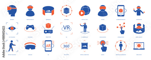 Virtual reality icon set. Containing VR, augmented reality, headset, immersive, mixed reality, AR, VR experience, mixed reality and more. Solid vector icons collection, eps 10.