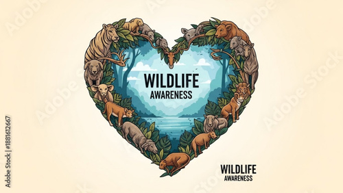 Wildlife awareness heart with animals and forest landscape