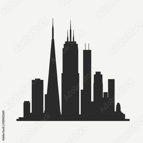 City skyline silhouette featuring tall buildings and distinctive architectural structures. Represents urban development, modern architecture, and city life.