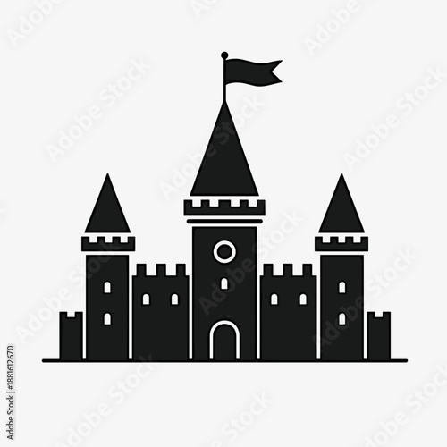 Black silhouette of a castle with flags on top of towers, symbolizing medieval architecture and fairy tales, useful for concepts in storytelling or children's themes.