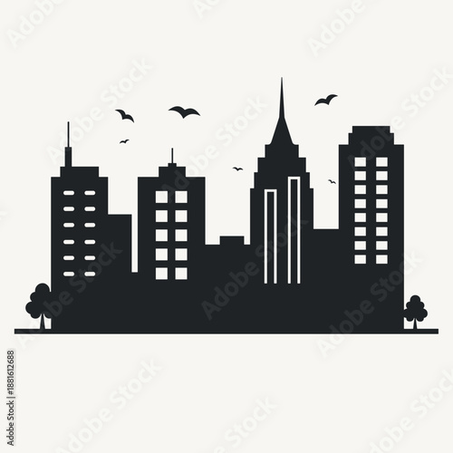 City skyline silhouette with buildings and birds flying above. Represents urban life and modern architecture, useful for graphics related to city living and lifestyle themes.