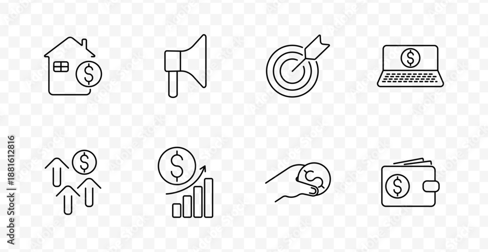 Fototapeta premium Finance business set icon. House, megaphone, target, laptop, chart, coin, wallet, payment drawn in outlined style with dollar symbols on transparent background