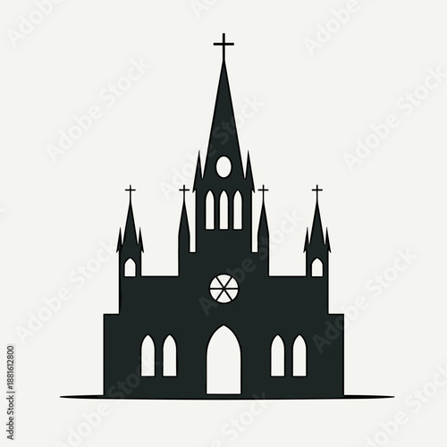 Silhouette of Gothic-style church with tall steeples and crosses. Represents themes of religion, architecture, and spirituality. Useful for discussions on cultural heritage and places of worship.