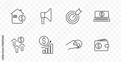 Finance business set icon. House, megaphone, target, laptop, chart, coin, wallet, payment drawn in outlined style with dollar symbols on transparent background
