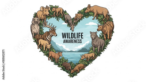 Wildlife awareness heart shaped animals illustration with greenery and landscape background