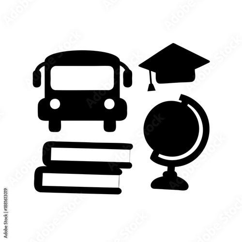 School bus, books, graduation cap, and globe: icons representing the educational journey Vector, illustration