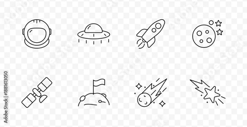 Space exploration set icon. Astronaut helmet, UFO, rocket, moon, satellite, flag on surface, meteor, star with trail in minimal outer space line style.