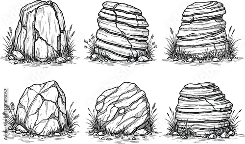 Detailed line art illustrations of large boulders and geological rock formations with grass, nature landscape elements.