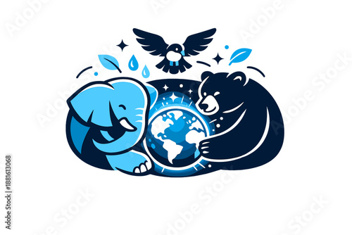 Animals protecting the planet. Elephant, bear, and bird forming a protective circle around a glowing Earth,
