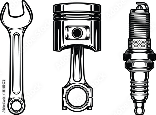Bold graphic illustration of a wrench, engine piston, and spark plug, automotive mechanic tools and car part icons.