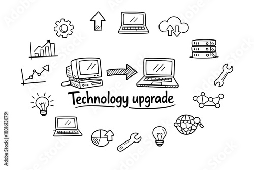 Technology upgrade. Hand-drawn doodle illustration of Technology upgrade. In the middle, one slightly larger