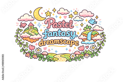 Pastel fantasy dreamscape. Hand-drawn doodle illustration of Pastel fantasy dreamscape. floating hills, dreamy