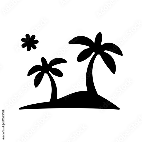 A minimalist silhouette illustration of a tropical island with two palm trees and a bright sun Vector, illustration