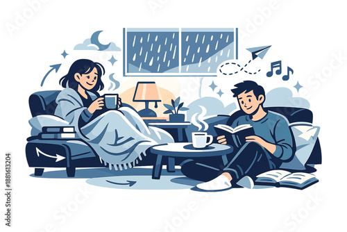 Cozy Rainy Evening. Cozy evening. Warm lamp glow over a quiet living room, steam rising from a mug as rain