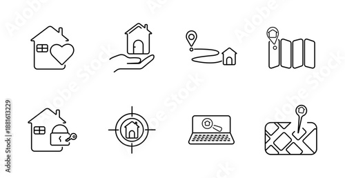 Real estate and property set icon. House with heart, hand with house, location path, folded map, locked house, house in focus, laptop search, map pin