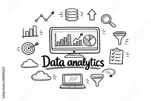 Data analytics. Hand-drawn doodle illustration of Data analytics. In the middle, one slightly larger central