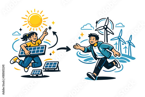 Solar and wind energy icons. Sun circles and turbine blades drawn with consistent strokes, rhythmic spacing