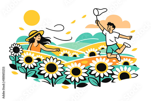 Sunny sunflower landscape. Rolling fields covered in blooming sunflowers, light breeze