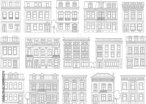 Set of classical European building facades and urban townhouses, architectural line art illustrations of historic city streets.