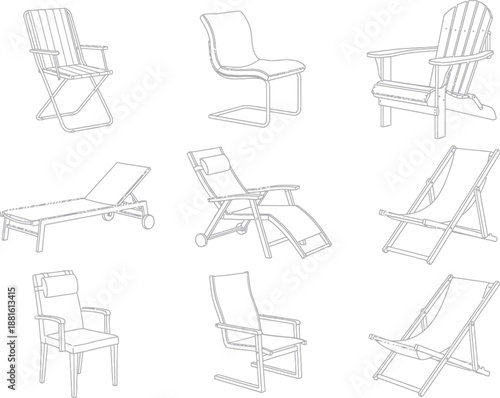 Collection of Folding Beach Chairs and Sun Loungers in Minimalist Line Art Style