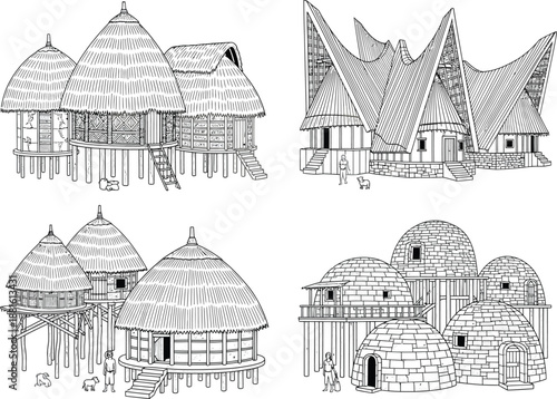 Illustration of Traditional Tribal Huts and Indigenous Dwellings for Cultural Education Coloring